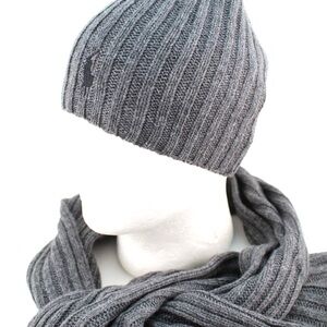 NWT POLO RALPH LAUREN Gray Ribbed Knit Beanie & Scarf Set,Green Embroidered logo
